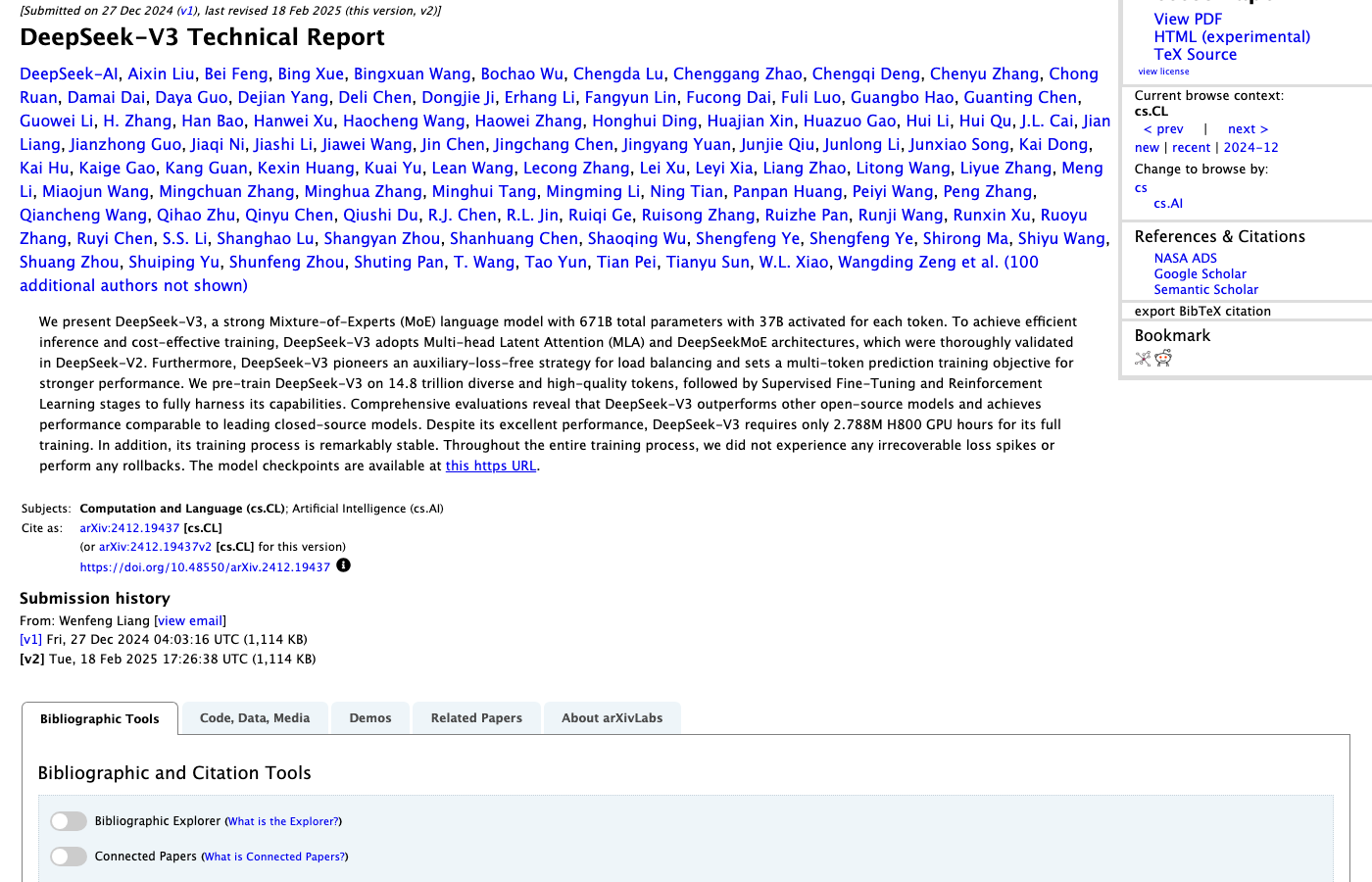 DeepSeek-V3 Technical Report on arXiv — abstract page