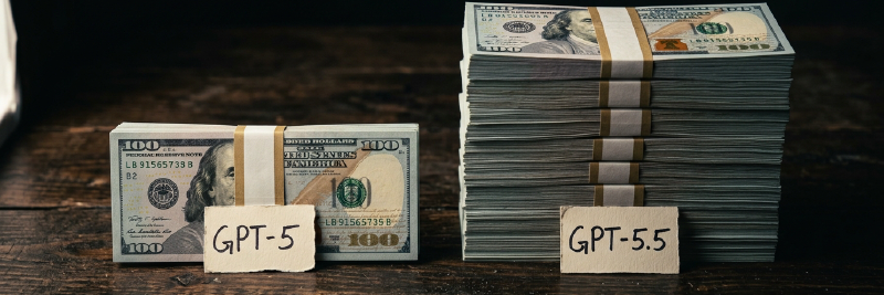 Two stacks of dollar bills, GPT-5 vs GPT-5.5 at four times the height