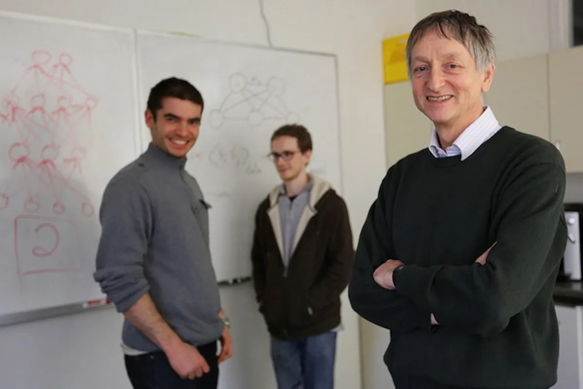 Krizhevsky, Sutskever, and Hinton in front of an AlexNet whiteboard (Wired, 2013)