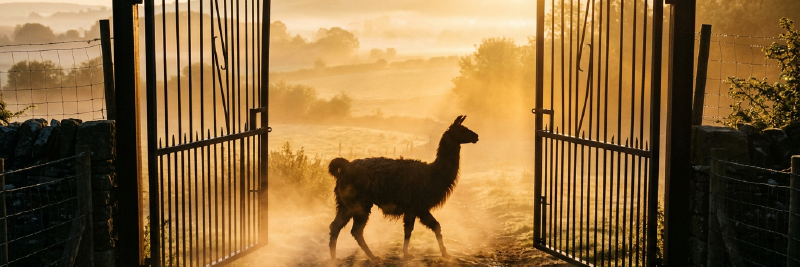 A llama walking through an open gate into morning light