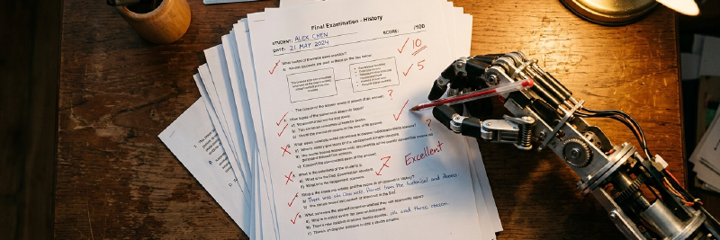 Robotic hand grading exam papers with red pen