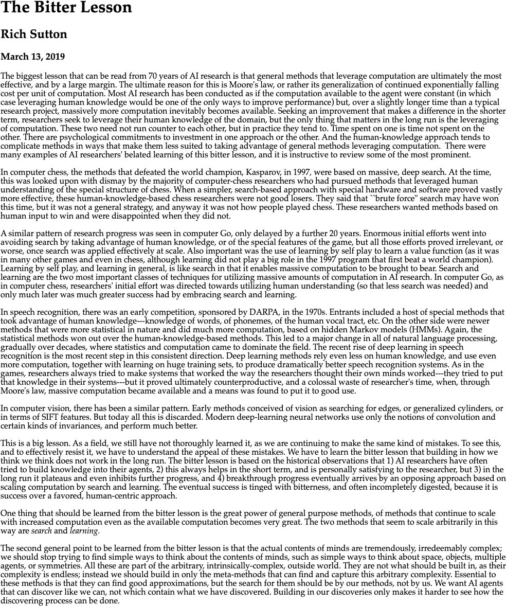Screenshot of Richard Sutton's essay 'The Bitter Lesson' on incompleteideas.net